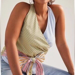 Maeve Anthropologie Elizia Tie-Front Stripe Wrap Halter Tank Large Multicolor